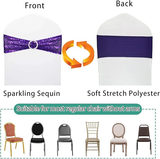 25 Pcs Chair Sashes Sequin Stretch Chair Bands Spandex Polyester Bows for Party Hotel Wedding Banquets Decoration - Purple