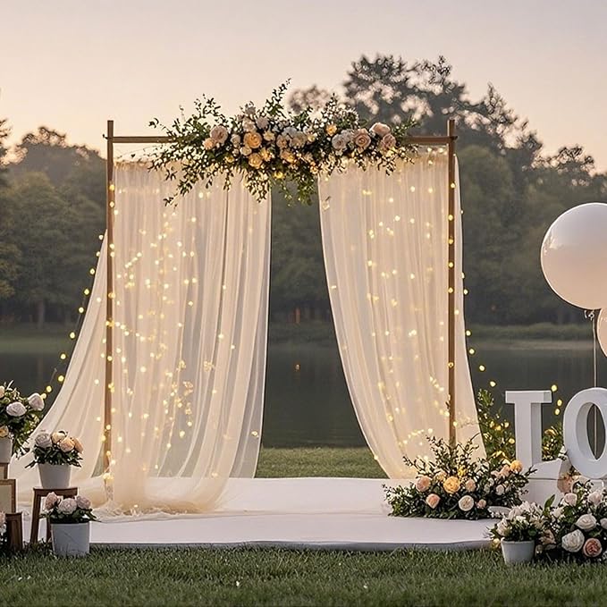10×8ft Tulle Backdrop Curtains with Lights String - 300LED Fairy Lights Sheer Curtain Backdrop for Weddings Baby Shower and Birthday Party Decorations(4 Panels 5×8ft)