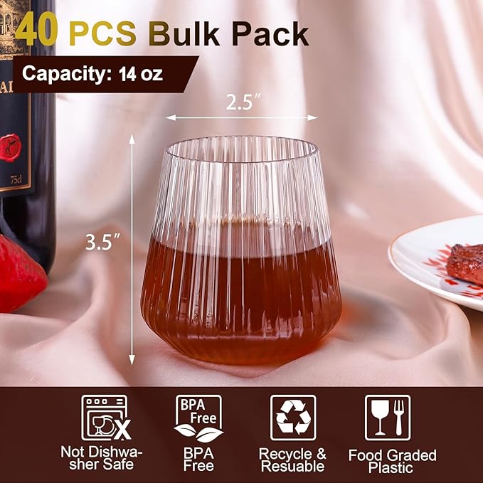 40 Pack Plastic Ribbed Wine Glasses, 14Oz Origami Disposable Wine Glasses Unbreakable Clear Plastic Cocktail Glasses Recyclable Shatterproof Reusable Wine Cups (14oz 40pack)