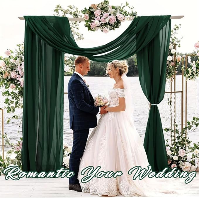 Emerald Green 4 Panels Wedding Arch Draping Fabric 20Ft Length x 28" Width Arch Drapes Chiffon Fabric Sheer Curtains Backdrop for Party Bridal Decorations Wedding Ceremony Stage Reception Decor