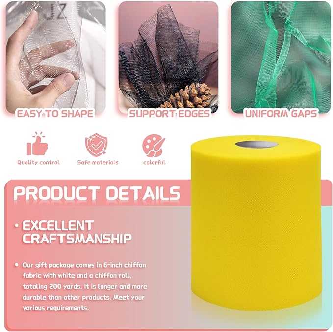 6" x 200 Yards Yellow Tulle Fabric Rolls, Yellow Spool Tulle Ribbon for DIY Tutu Skirt Wedding Decoration Baby Shower Birthday Party Backdrop Gift Wrapping Bow Craft Supplies