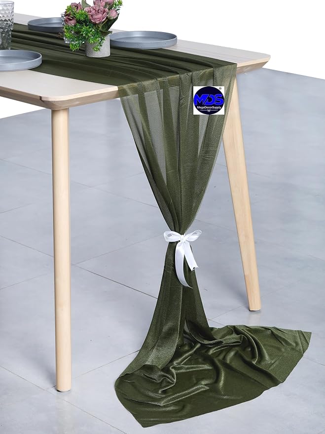 MDS 25 Pack 10ft Chiffon Table Runner 29 x 120 Inches Sheer Wedding Runner Romantic Rustic Table Runner for Wedding Decorations, Birthday Parties, Bridal Shower Party Arch Decor - Olive Green