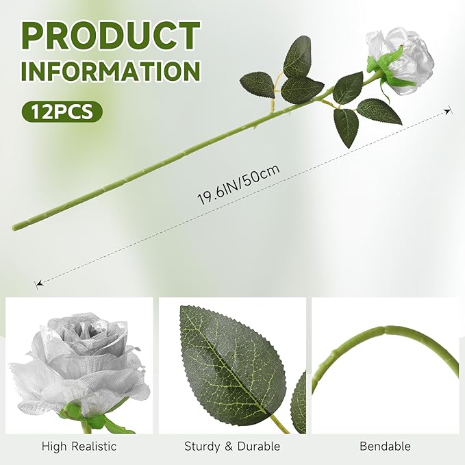 Tifuly Silver Roses Artificial Flowers -12Pcs Realistic Single Long Stem Fake Silk Roses Bouquet for Party Home Wedding Centerpiece Hotel Office Decor