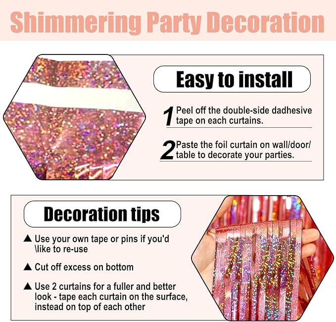 6 Pack Rose Gold Foil Fringe Curtain Backdrop, 3.28Ft x 8.2Ft Metallic Tinsel Foil Fringe Streamer Curtains for Photo Booth, Birthday, Wedding, New Year Party Decorations