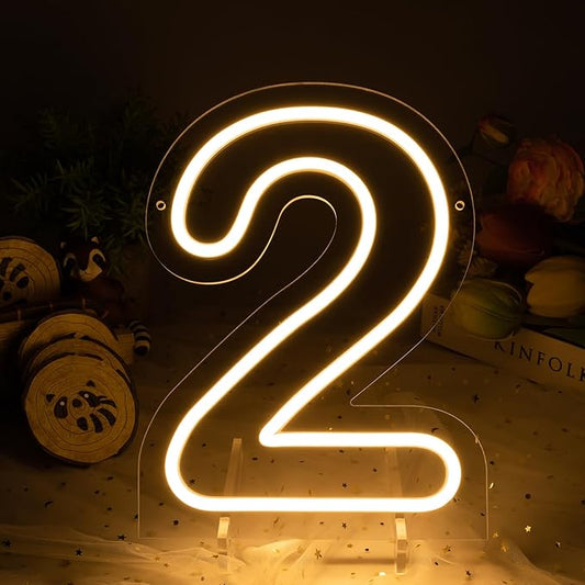 Number 2 LED Neon Sign Backdrop Birthday Party Decoration, 11.3" Height Warm White Marquee Number Two Light Up Sign for Wedding Anniversary Window Wall Table, Indoor Battery Operated or USB