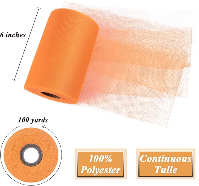 Orange Tulle Fabric Roll 6”by 100 Yards (300 ft) Soft Tulle Spool for DIY Crafting Favor Supplies, Tutus, Wedding, Party Decorations, Gift Wrapping