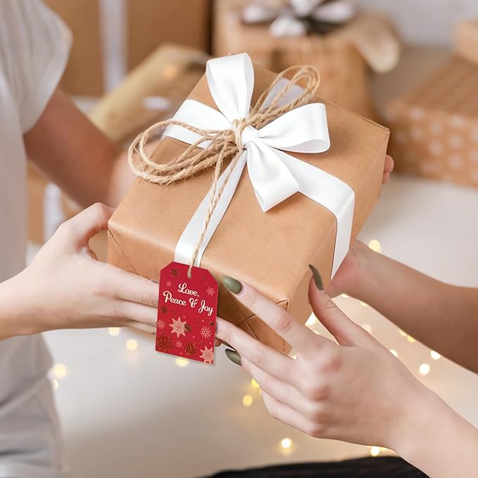 Christmas Gift Tags with String, 48 Pcs Christmas Hanging Tags Label Gold Foil Xmas Present Tag for DIY Xmas Holiday Present Wrapping Decorations, 6 Styles