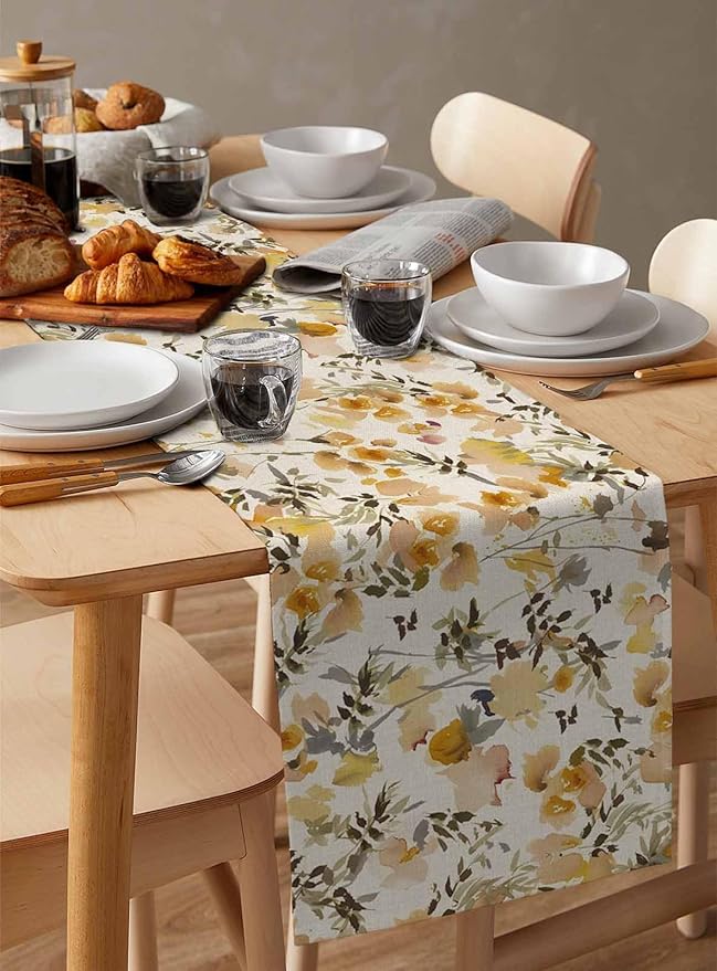 Vintage Orange Flower Cotton Linen Table Runner for Dining Kitchen, Wedding Outdoor Party Tablerunners Decoration, Farmhouse Botanical Floral Retro Dresser Scarf Coffee Tablecloth Runners 13x60 Inches