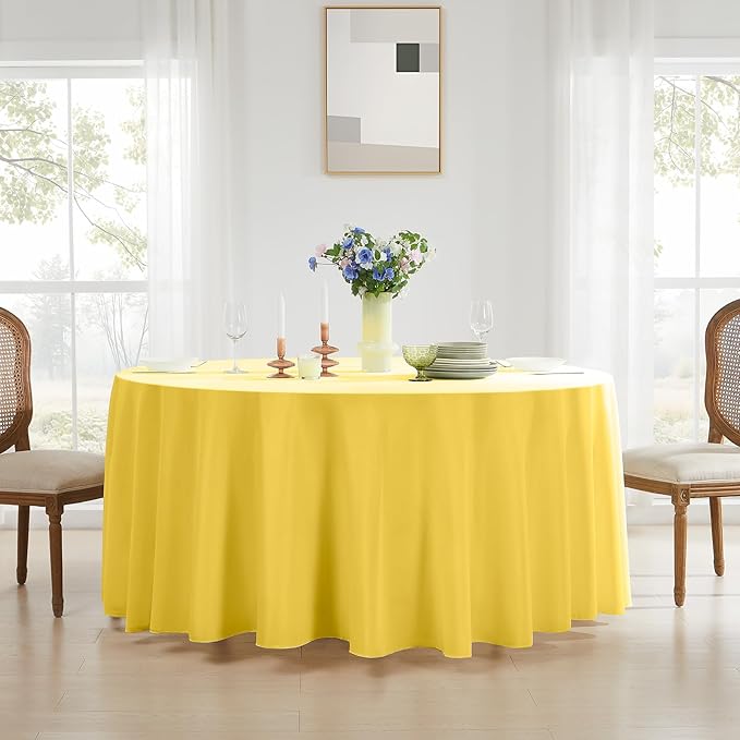 Round Tablecloth 2 Pack 108 Inch Yellow Tablecloths Washable Decorative Linen Polyester Table Clothes Cover for Dining Table Banquets Buffet Parties and Wedding