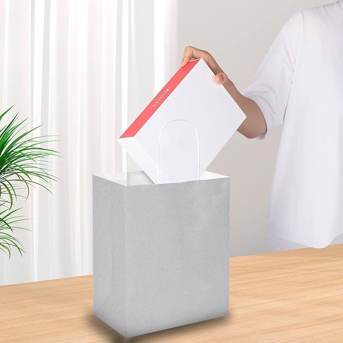 Oikss 50 Pack 8x4.75x10 Inch Medium Gray Kraft Paper Bags with Handles Bulk for Birthday Wedding Party Favors Grocery Retail Shopping Business Goody Craft Gift Bags Sacks, (Silver Grey 50pcs Count)