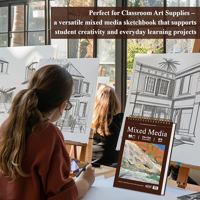 Mixed Media Sketchbook 9" x 12" - Multimedia Sketchbook Hardcover, Spiral Bound, 60 Sheets 98lb/160gsm Mixed Media Paper, Watercolor Sketch Books for Artist Supplies, Painting, Drawing & Art Supplies.