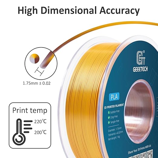 Geeetech 3D Printer Silk PLA Tri-Color Filament, Metal-Like Shiny Silk Filament 1.75mm 1kg (2.2lbs) Spool, Dimensional Accuracy +/- 0.02 mm, Tri-Color Gold Silver Copper