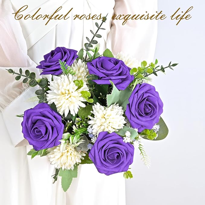 BLEUM CADE 36Pcs Artificial Flowers Fake Roses with Stems, Deep Purple Boxed Foam Roses for DIY Bouquets Centerpieces Wedding Party Arrangement Bridal Shower Decor