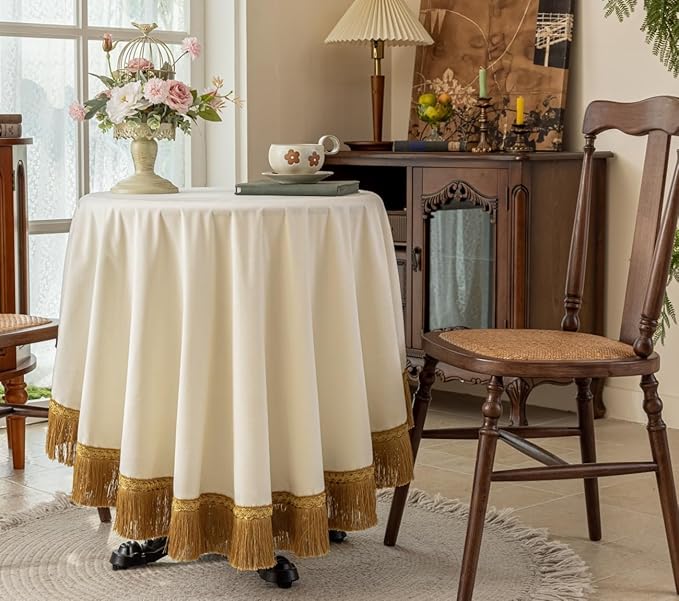 F-CHU White Tablecloth Thickset Velvet Tablecloth with Beautiful Gold Tassels Vintage Table Cloth for Home Decor Wedding, Party, Banquet and Events 70" Round