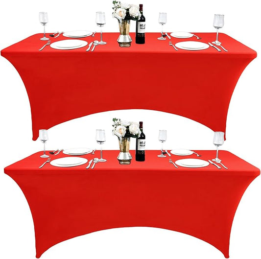 2-Pack 6ft Red Spandex Table Covers for Rectangle Standard Folding Tables - Wrinkle Resistant Stretch Tablecloths - Ultimate Fitted Table Protector for Parties, Trade Shows, Banquet