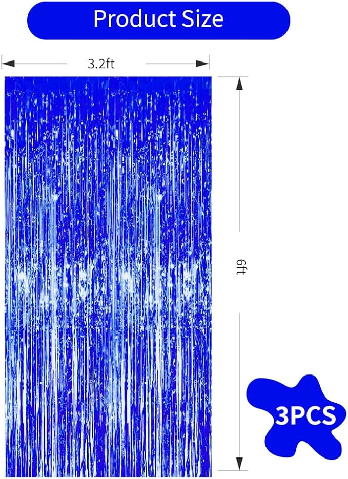 3 Pcs Blue Tinsel Foil Fringe Curtains,3.28ft x 6.56ft Gold Photo Booth Backdrop Streamer Curtain,Photo Booth Props,Ideal Bachelorette Party Supplies, Birthday, Christmas,New Year Decorations…