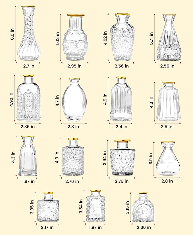 Premium Heirloom Hills Bud Vases for Home Decor, Crystal Clear Glass Flower Vase Set of 30 with Hand-Painted Gold Rims, Small Vases for Centerpieces and Wedding Decorations (Clear, Set of 30)
