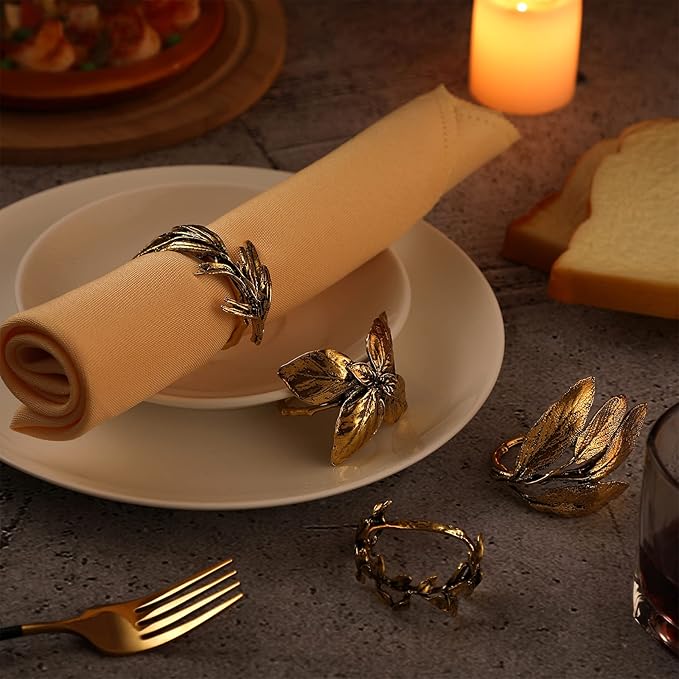 Cunhill 8 Pieces Herb Napkin Rings Set Vintage Leaf Napkin Holders Rings Glossy Holder Adornment Metal Table for Graduation Holidays Wedding Graduation Party Decor Everyday Use(Gold)