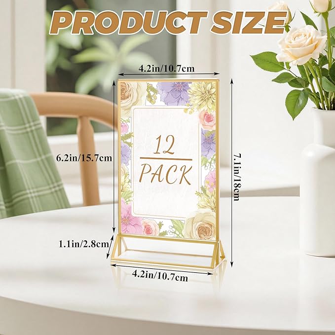 12 Pack Gold Acrylic Sign Holder 4x6 Picture Frame, Double Sided Gold Table Number Holder 4x6 Display Stand for Wedding, Home, Offices