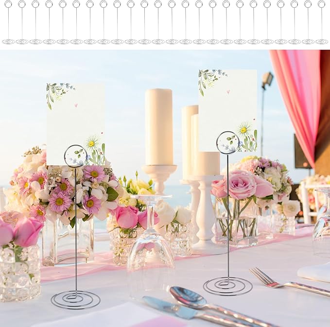 24 Pcs Table Number Holder 8.66inch Tall Metal Iron Place Card Holder Lightweight Picture Holder Stand Portable Round Shape Photo Memo Note Holder for Office Wedding Party