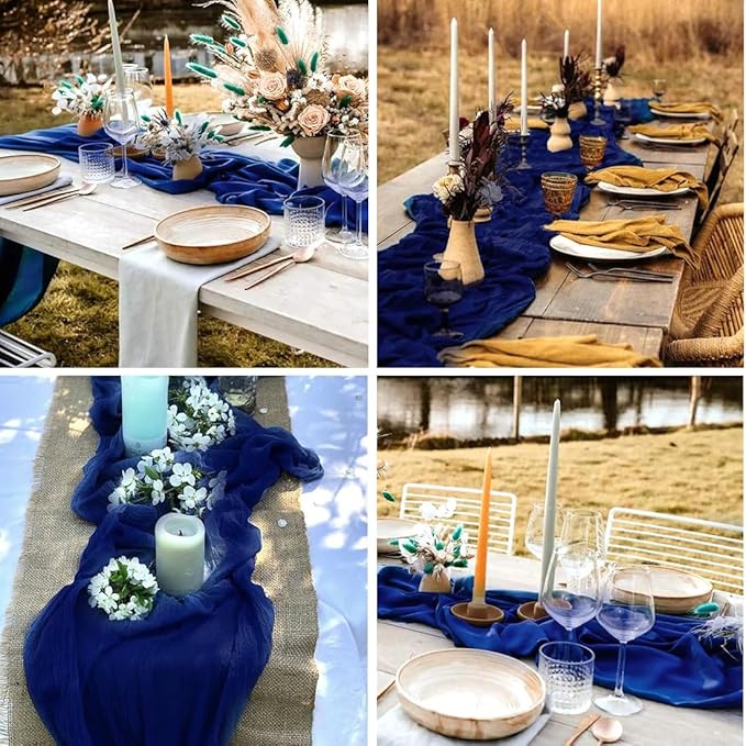 10 Pack Blue Cheesecloth Table Runner -21*120Inch Long Boho Wedding Table Decor, Rustic Gauze Fabric Runner for Bridal Showers, Baby Showers & Parties (Sheer, Lightweight, Wrinkled Design)