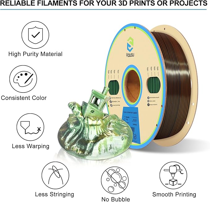 YOUSU Silk PLA 3D Printer Filament, Tri-Color Coextrusion PLA Filament 1.75mm,Shiny Silk Coextruded PLA,Silk Gold-Green-Black Three-Color Filament,1kg/2.2lbs