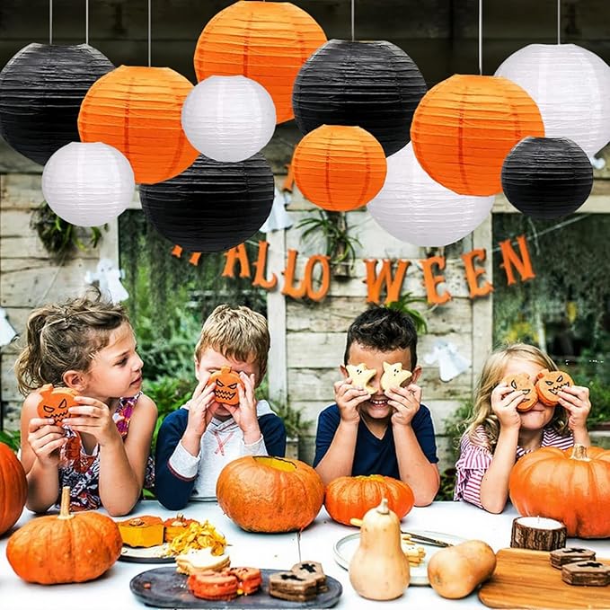 Orange Black White Paper Lanterns Decorative 12pcs Halloween Hanging Decorations for Graduation Thanksgiving Birthday Party Decorations