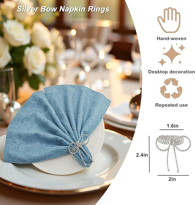 Silver Bow Napkin Rings Set of 12, Bow Tie Napkins Rings for Thanksgiving Christmas Festival Parties Wedding Banquet, Handmade Alloy Bowknot Ring Holders for Family Gathering Table Décor(Silver 12)