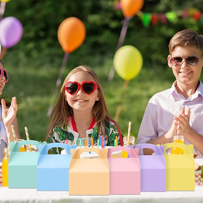 24 Pcs Pastel Party Favor Treat Boxes, Colorful Paper Candy Gift Gable Boxes for Party Favors, Pastel Goodie Box for Birthday Wedding Spring Easter Parties Supplies Decorations, 6 x 3.5 x 3 Inches