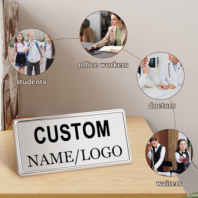 Custom Name Tags ID Badges with Logo Name Personalized Name Badges Custom Name Tag ID Badge with Pin Backing Customizable Name Tag for Business Offices Stores Restaurant, 1.5x2.8 in, 5PCS