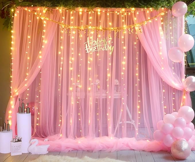 20ft x 10ft Pink Tulle Photo Backdrop Curtain with Lights String for Baby Shower Sheer Baby Pink Curtain Backdrop for Birthday Party Wedding Photo Booth Photography Background Decorations