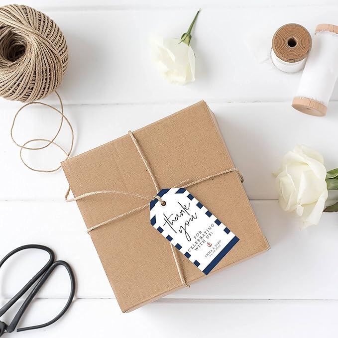 Andaz Press 100-Pack Personalized Thank You Tags with Bakers Twine Nautical Beach Custom Cardstock Wedding Gift Tags for Wedding Party Favors 2 x 3.75-Inches