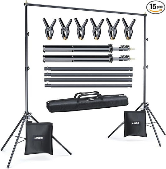LINCO Backdrop Stand for Parties Kit 10x7 ft Adjustable Back Drop Photography Studio Photo Background Support System with Clamps, Sand Bag, Carrying Bag 4172
