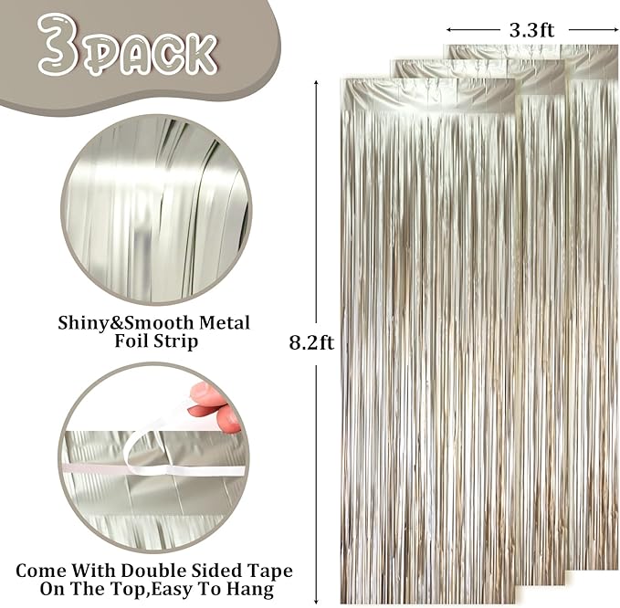 3 Pack 3.3 x 8.2 ft Matte Champagne Foil Fringe Backdrop Curtains, Gold Tinsel Streamers Party Decorations, Fringe Backdrop, Door Shimmer for Graduation, New Years Eve, Birthday Party