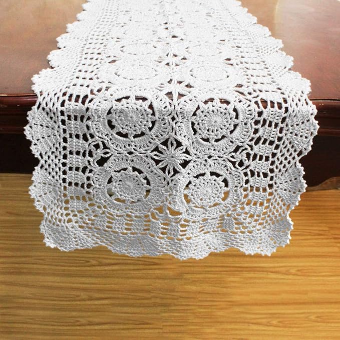 KEPSWET Cotton Handmade Crochet Lace Table Runner White Rectangle Coffee Table Dresser Decor (14x72 inch)