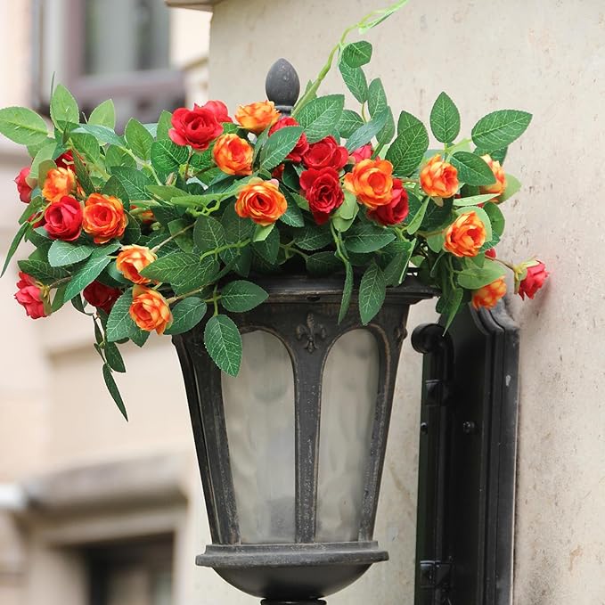 6FT Bendable Rose Vine with Butterflies, Wildflower Garland Hanging Floral Garland for Wall Decor Trellis Fence Home Room Decoration (Orange, 2pcs)