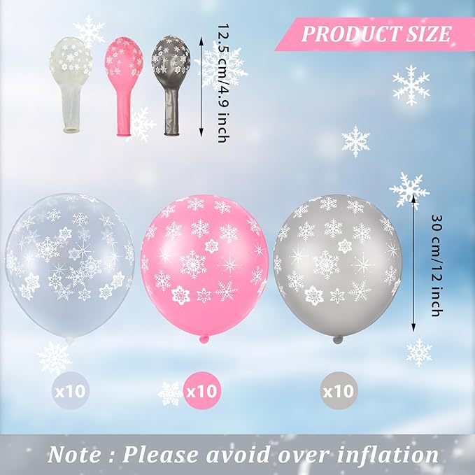 Skylety 40 Pieces Snowflake Balloons Bulk Winter Transparent Snowflake Latex Balloons for Christmas Birthday Wedding Party Decorations(Pink, Silver, Clear)