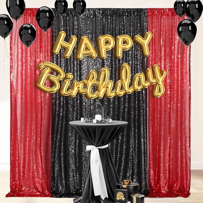 4 Panels Black&Red Sequin Backdrop Curtain 2FTx8FT Glitter Sequin Backdrop Curtains for Birthday Party Wedding Decoration