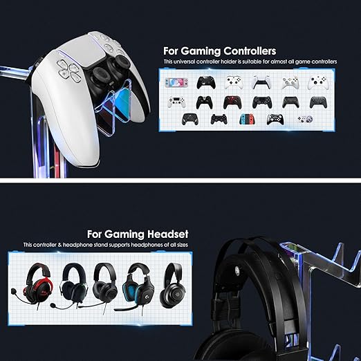 OAPRIRE Controller Holder Headset Stand with Lights, 3 Tier Acrylic Gaming Controller Stand for PS4, PS5, PC, Switch, Universal Design (Black)