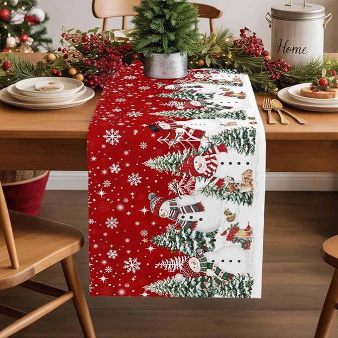 Christmas Snowman Cotton Linen Table Runner for Dining Kitchen, Xmas Tree White Snowflakes Winter Wedding Outdoor Party Tablerunners Decoration, Dresser Scarf Coffee Tablecloth Runners 13x70 Inches