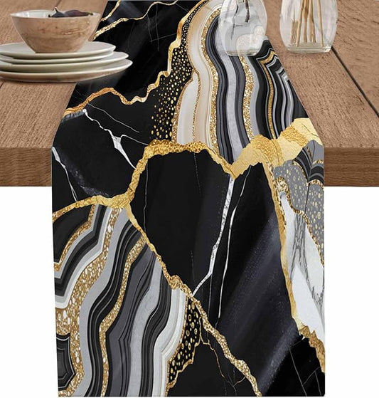 Geometric Black Marble Cotton Linen Table Runner for Dining Kitchen, Wedding Outdoor Party Tablerunners Decoration, Farm Marble Liquid Ripple Abstract Dresser Scarf Coffee Tablecloth Runners 13''x60''