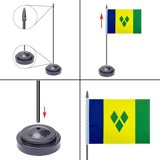 WXTWK 2 Pack Saint Vincent and the Grenadines Flag Saint Vincent and the Grenadines Deluxe Desk Flag Set - Mini Small Saint Vincent and the Grenadines Table Office Flags with Black 12" Solid Pole Stand Base Decorations