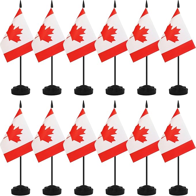 12 Pack Canada Desk Flags, Canadian Desktop Flag, Small Miniature Office Flags with 12" Black Pole and Black Base, Offices, Classroom, Home, Festival Decoration (Canada)