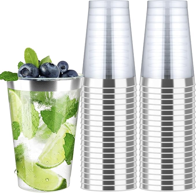 [200 Pack 12oz Clear Plastic Cups with Silver Rimmed Sturdy & Food Safe Disposable Wine Glasses Party Cups Wedding Cups Disposable Drinking Cups for Wine, Juice, Cocktails and Cold Beverages