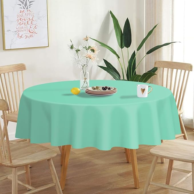 QIKSION Fresh Mint Round Tablecloth 6 Pack, 84 Inch Plastic Table Cover Disposable for Parties