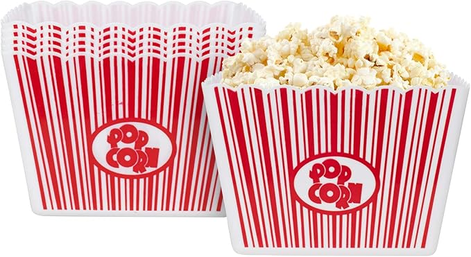 Hedume 6 Pack Popcorn Containers, Plastic Movie Theater Style Popcorn Container Set, Red & White Striped Classic Popcorn Boxes for Movie Night, Reusable (Square, 9" x 9" x 6")