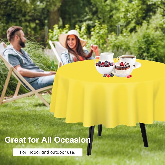 QIKSION Yellow Round Tablecloth 3 Pack, 84 Inch Plastic Table Cover Disposable for Parties