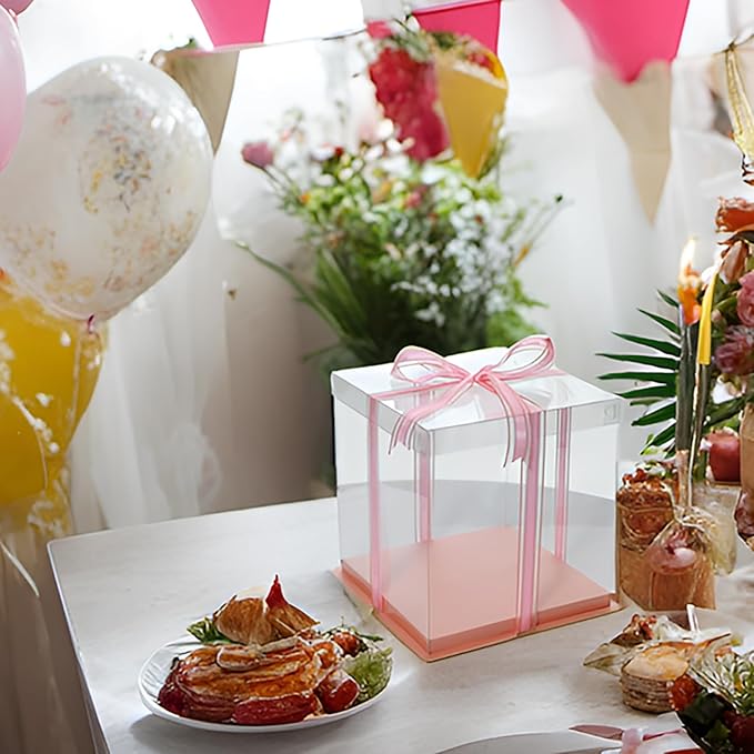 XININSUN pink clear cake box with ribbon,6inch 8inch cake boxes,transparent cake box cake carrier,Square Cardboard Cake Containers clear gift boxes for Wedding,Birthday,Party(6pcs)