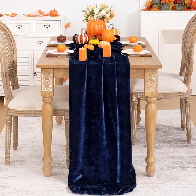Navy Blue Velvet Table Runner Fall Thanksgiving Navy Table Runner 20 x 120 Inch Luxurious Elegant Velvet Fabric Friendsgiving Table Decorations for Christmas Dinner Wedding Bridal Baby Shower