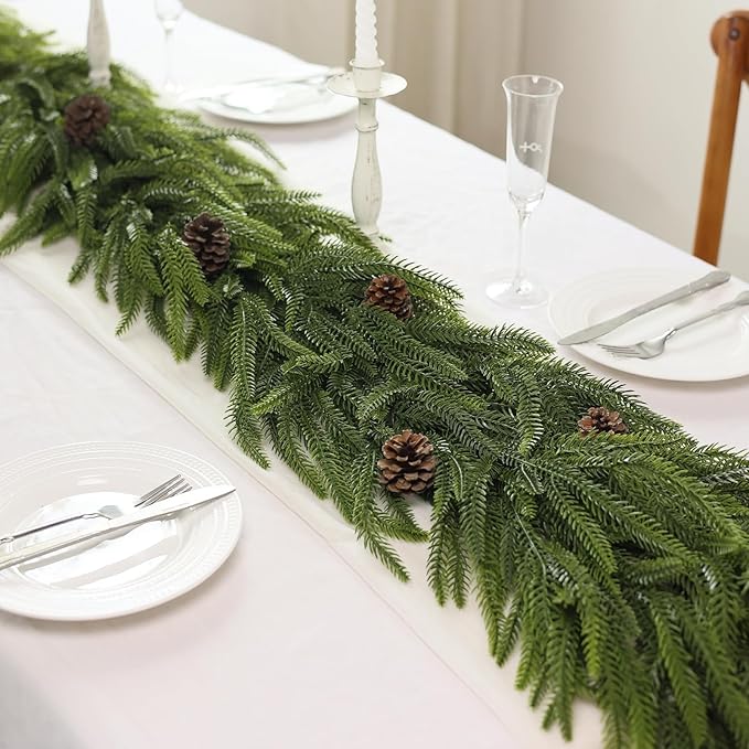 9FT Christmas Norfolk Pine Garland -1PCS, Artificial Pine Needles Garlands Faux Greenery Fake Garland for Holiday Fireplace,Table,Window,Stairs,Mante,Indoor Outdoor Decor